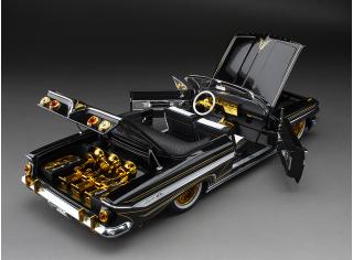 Chevrolet Impala open convertible Lowrider with movable suspension, black/chrome with small white wall tires SunStar Metallmodell 1:18